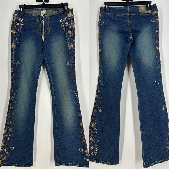 Z CAVARICCI Vintage Y2K Low Rise Embroidered Flare Denim Jeans Sz 3 Runs Big - Picture 2 of 8